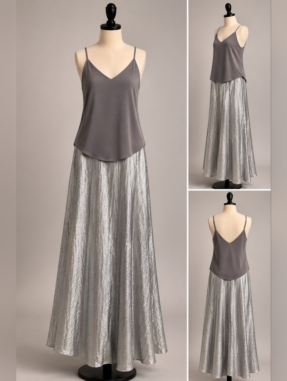 ABS Evening Silver Maxi Skirt & Express Satin Top Set М